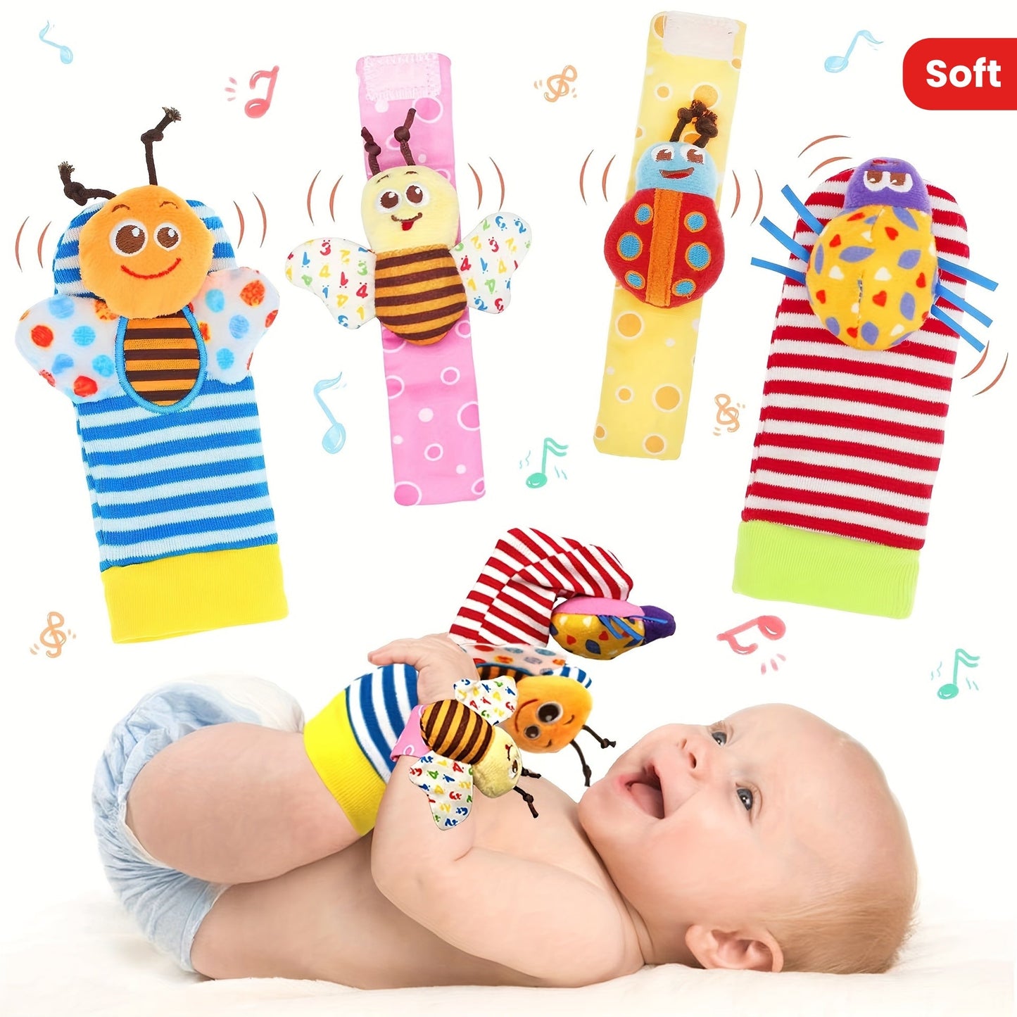 XLiKaa Baby Rattle Socks and Wrist Rattles Set made from soft sensory cotton material for infant hand and foot development, vision and hearing development, and color cognition. Perfect as a baby gift.