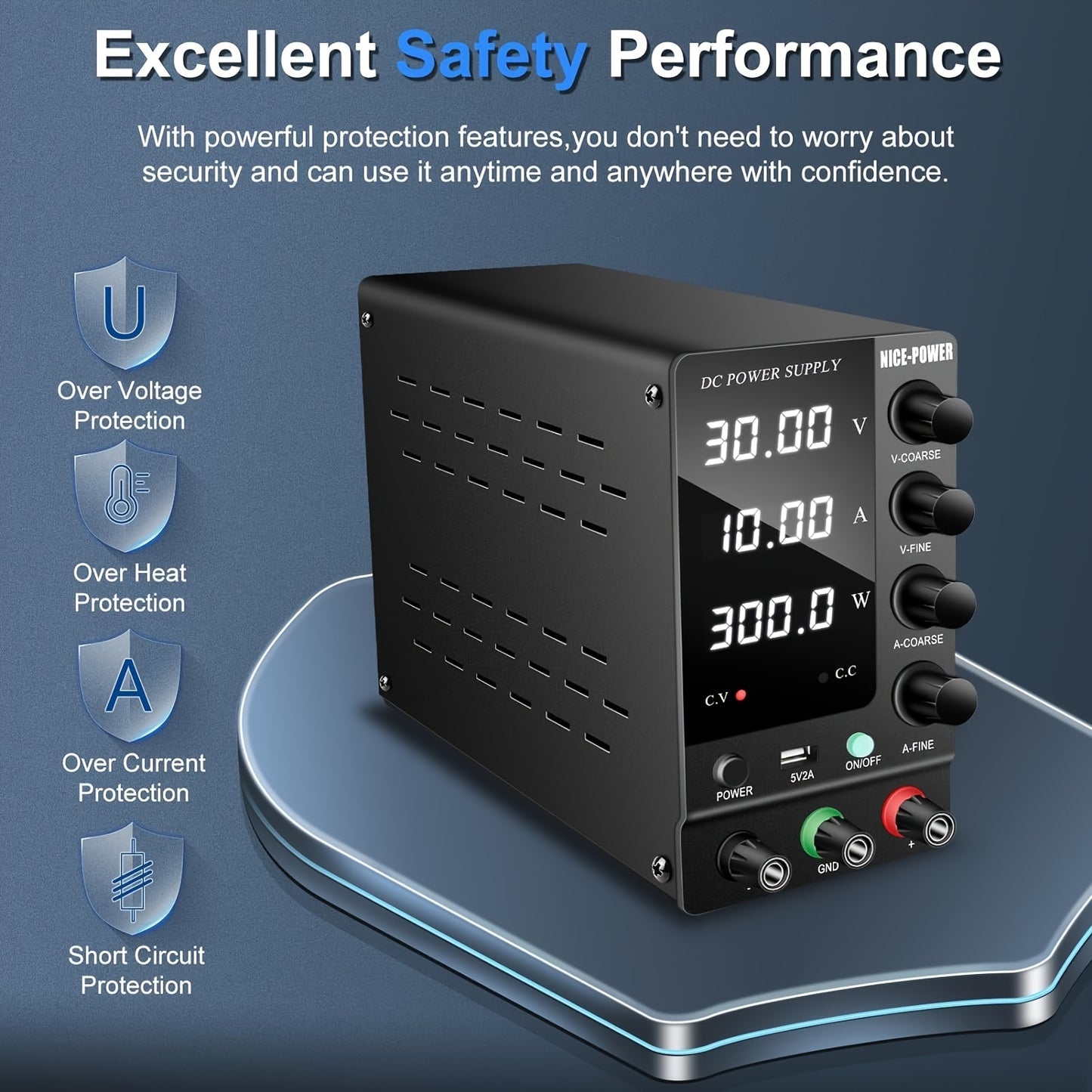 KUAIQU SPS-C3010 220V DC Power Supply: 60V 5A, LED Display, Rust-Proof, No Assembly Required, Ideal for Mobile Phones, Laptops, LED Light Testing & Electroplating.