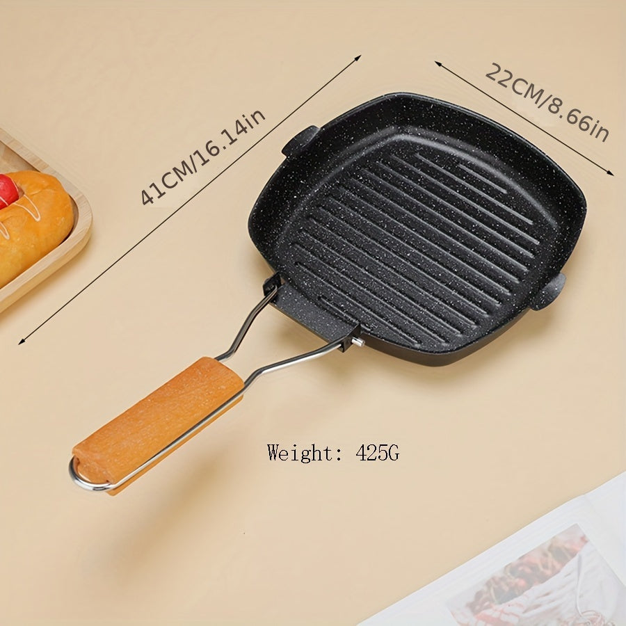 Meizhu Single Meal Cooking: Cast Iron Skillet Non-Stick Grill Pan with Wooden Handle - Oven Safe Griddle for Steaks and Breakfast, Perfect for Gas Stove Compatibility