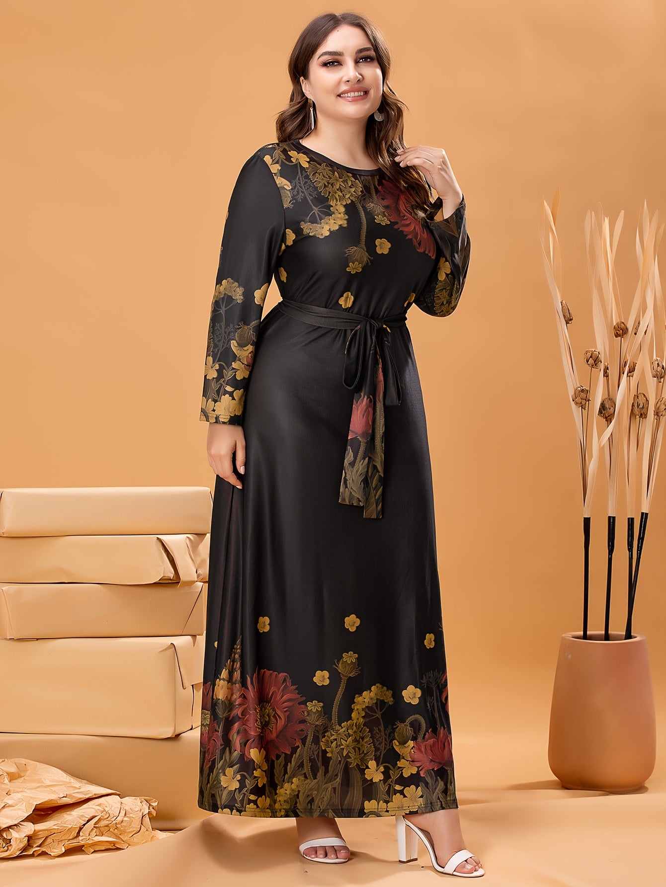 Elegant plus size floral print dress with belt, stretchy polyester, long sleeves, round neckline, A-line silhouette, machine washable, perfect for all seasons, casual outdoor wear.