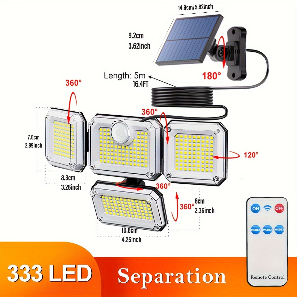 4-head outdoor solar floodlight with motion sensor, remote control, adjustable brightness, rechargeable lithium battery, wall mount, plastic material.