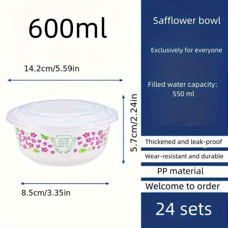 24 Sets of 600ml Meal Preparation Containers with Lid, made of BPA-Free and Safety Grade PP Material. These reusable containers are microwaveable and can be refrigerated, perfect for storing salads, side dishes, soups, pasta, or lunch on the go.