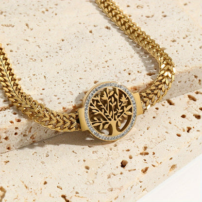 Men's bracelet made of stainless steel with a 14K gold plated life tree design, featuring personalized clay details and following the latest fashion trend.