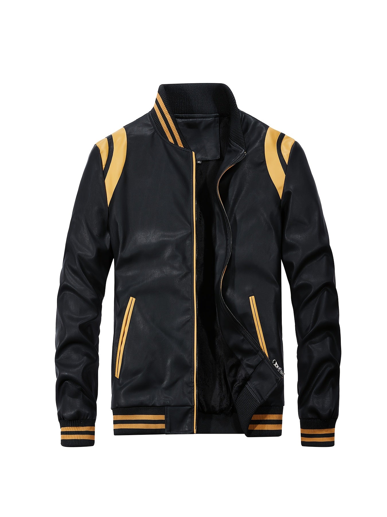 Men's faux leather jacket with classic design, vintage-inspired zip-up style, stand collar, long sleeves, striped accents, and machine washable polyester blend for everyday wear.