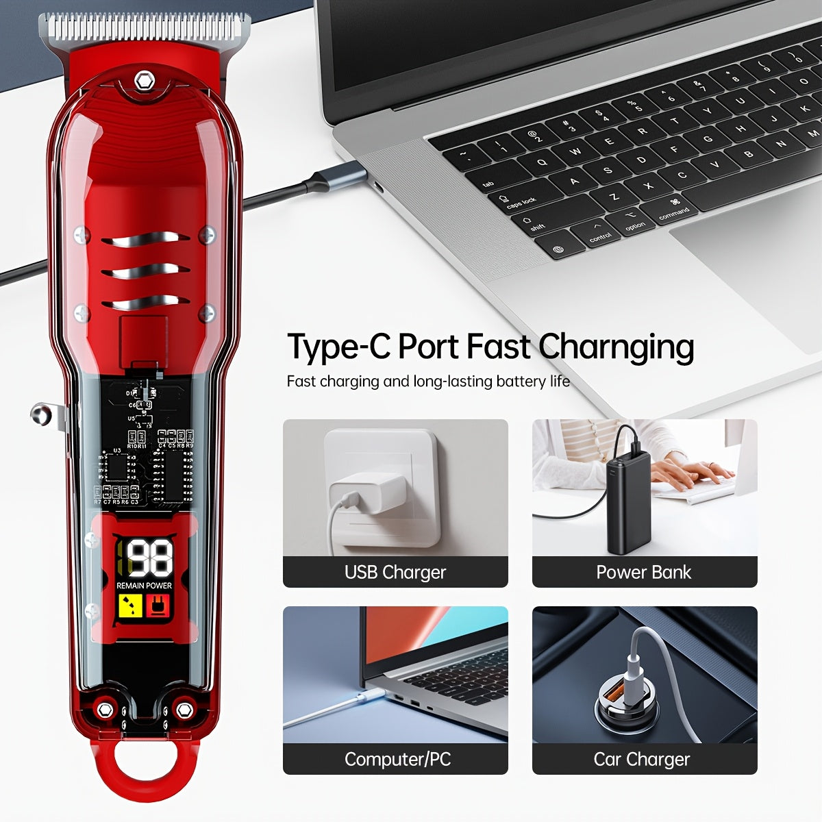 Sleek red electric hair clipper with LCD display, USB rechargeable, ideal for home, travel, and salons.