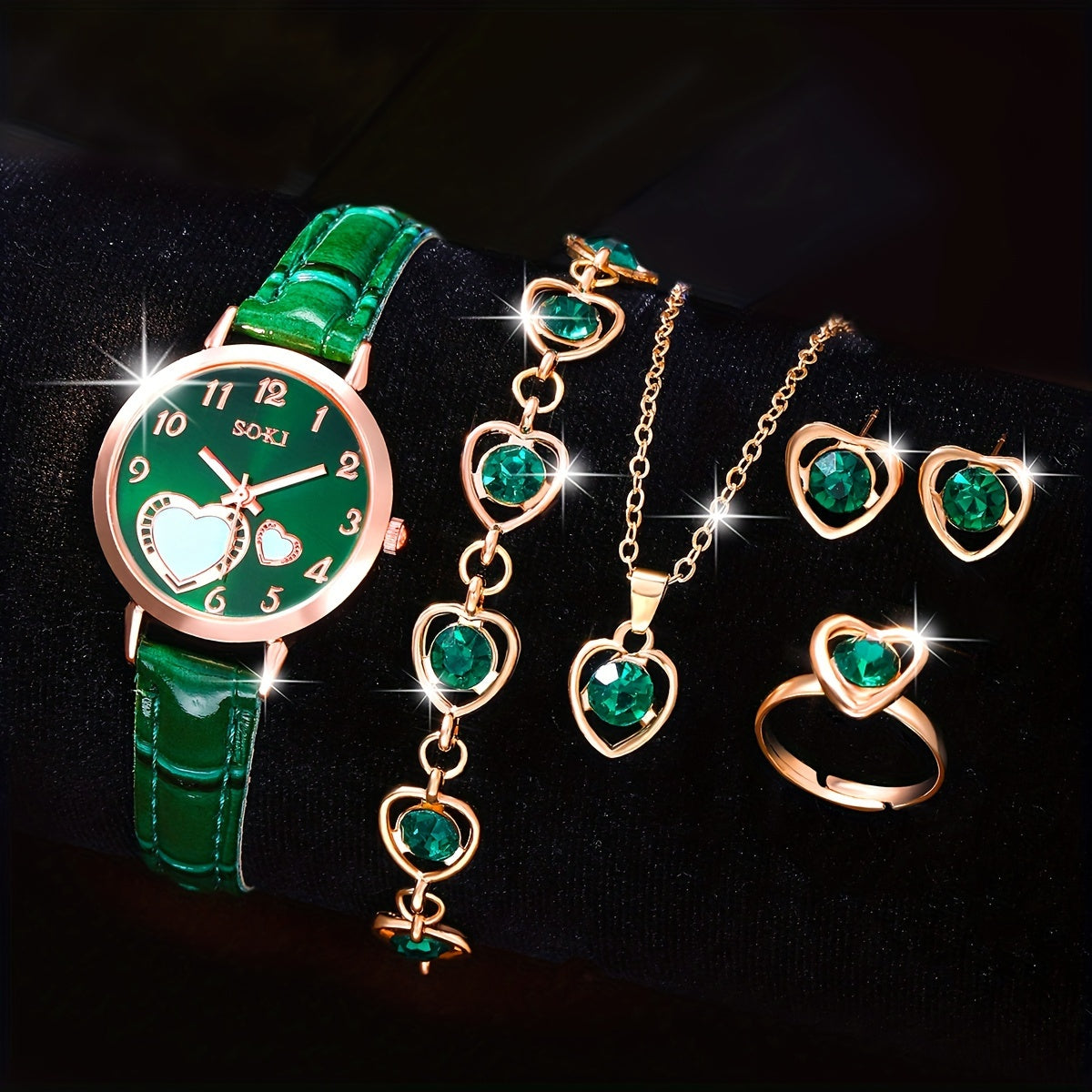 Middle East Ramadan Ladies Watch set includes a fashionable casual quartz watch with peach-shaped dial and a heart necklace, earrings, bracelet, and rings. Perfect for women's parties