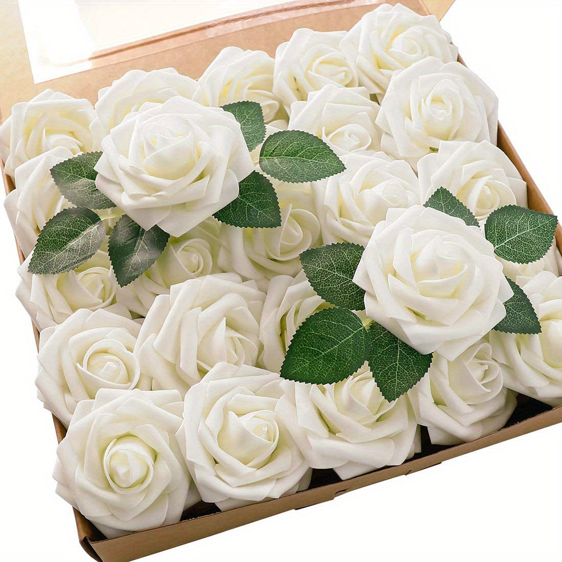 25 artificial ivory roses with stems for DIY wedding decor and party supplies, perfect for bouquets, centerpieces, and holiday ornaments.