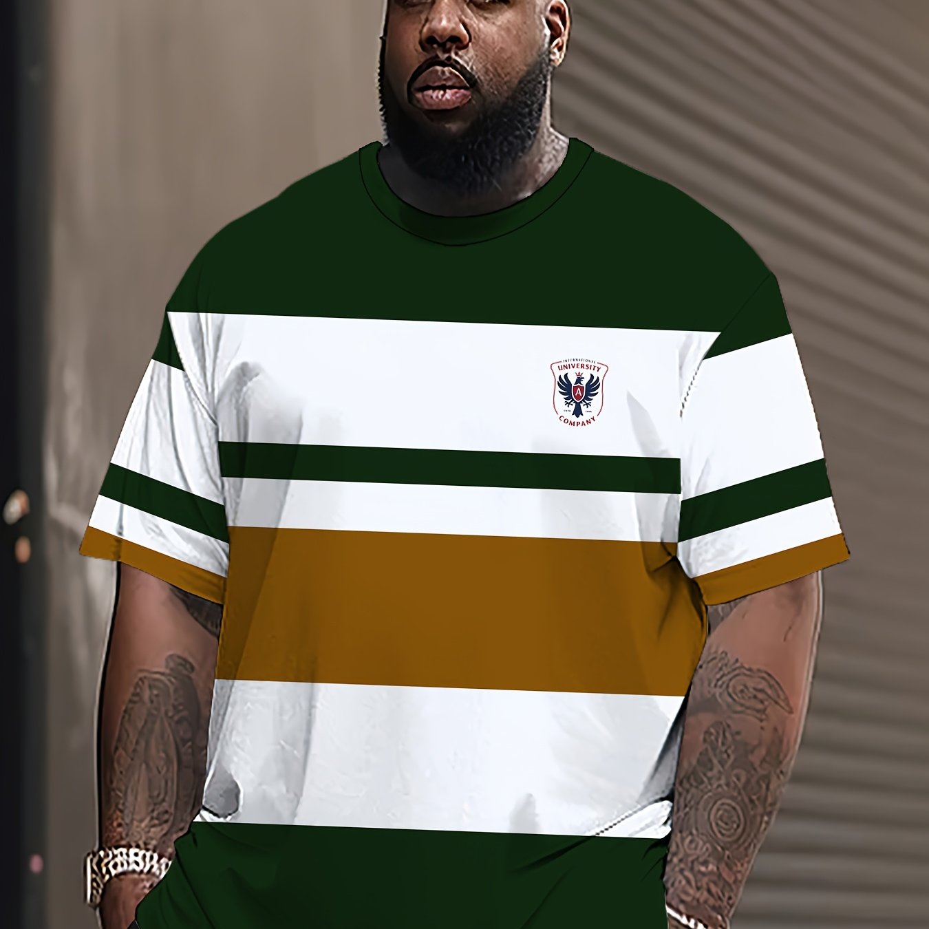 Men's 3D Striped Print T-shirt with crew neck, short sleeves, slight stretch, all-over print, regular fit, 140g/m² knit fabric, and available in plus size.