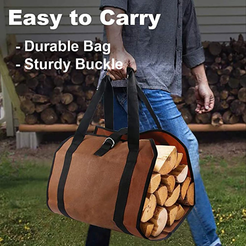 Set of three PVC Firewood Storage Bags, featuring durable construction with handles, securing straps, and reinforced base - perfect for storing firewood, carrying logs, indoor camping trips, and as holiday gifts