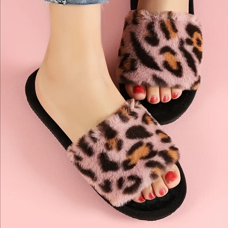 Leopard print slippers for women, cozy indoor shoes.