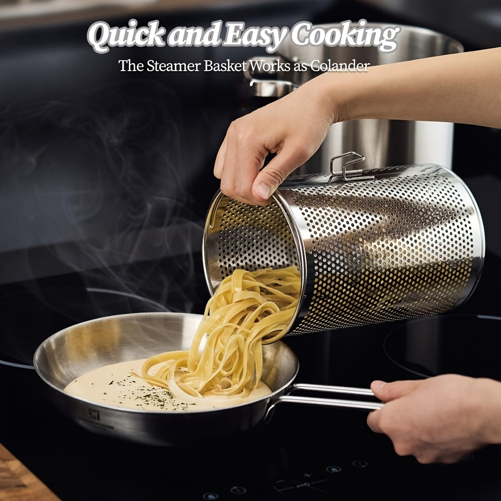 Durable Stainless Steel Steamer Pot & Pasta Cooker with Versatile 4.3L/1.14Gal Capacity and Perforated Basket - Ideal for Home Kitchens, Asparagus, Stovetop Cooking, and More - Features a Strong 3-Ply Base for Even Heat Distribution