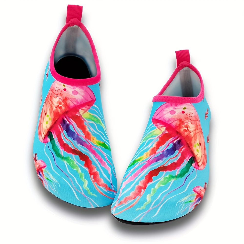 Colorful fish scale print slip-on water shoes for toddler girls, perfect for summer fun at the beach.