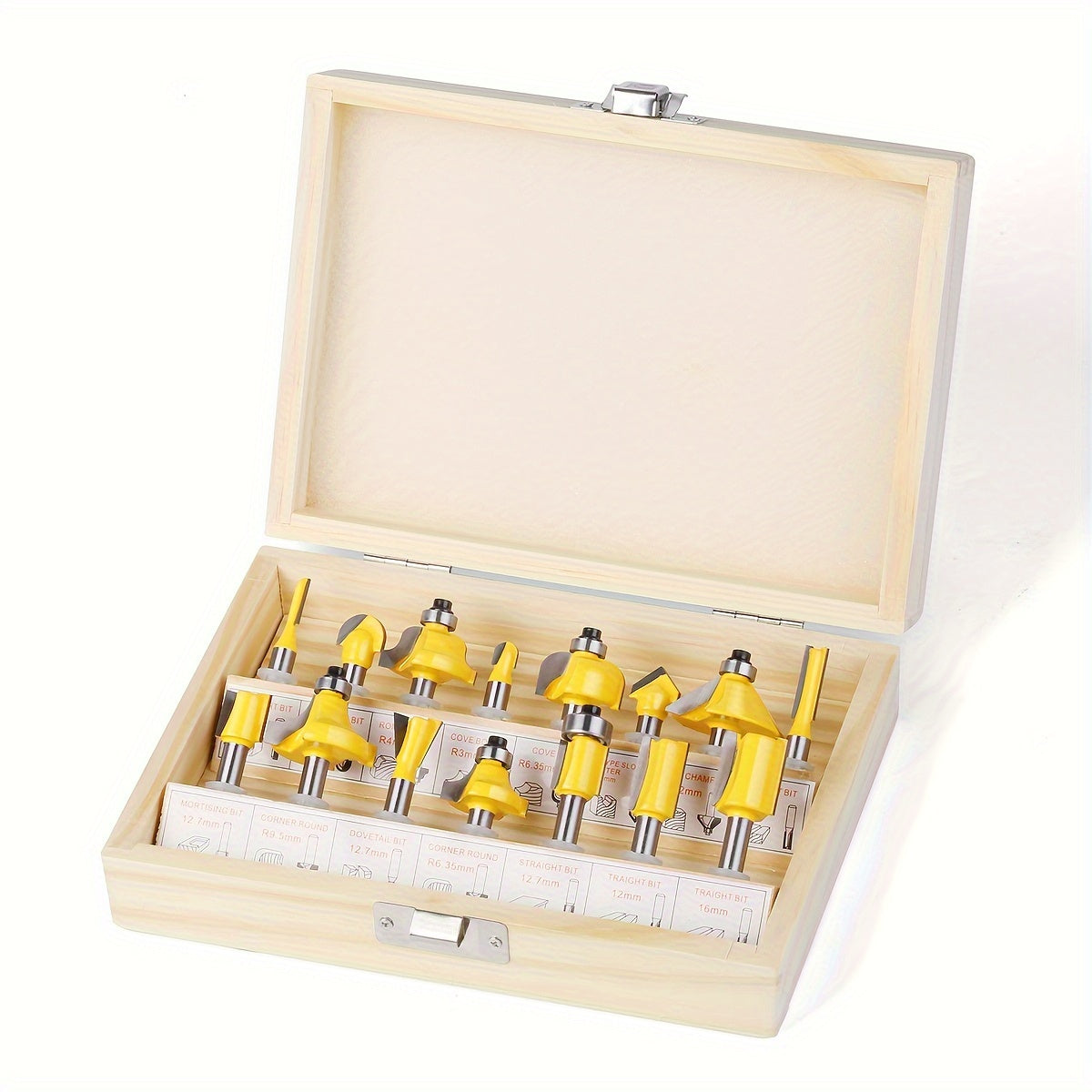 Set of 15 6mm router bits with 1/4" and 8mm shanks for woodworking in a wooden case. Ideal for trimming, slotting, and engraving wood with tungsten carbide milling cutters.