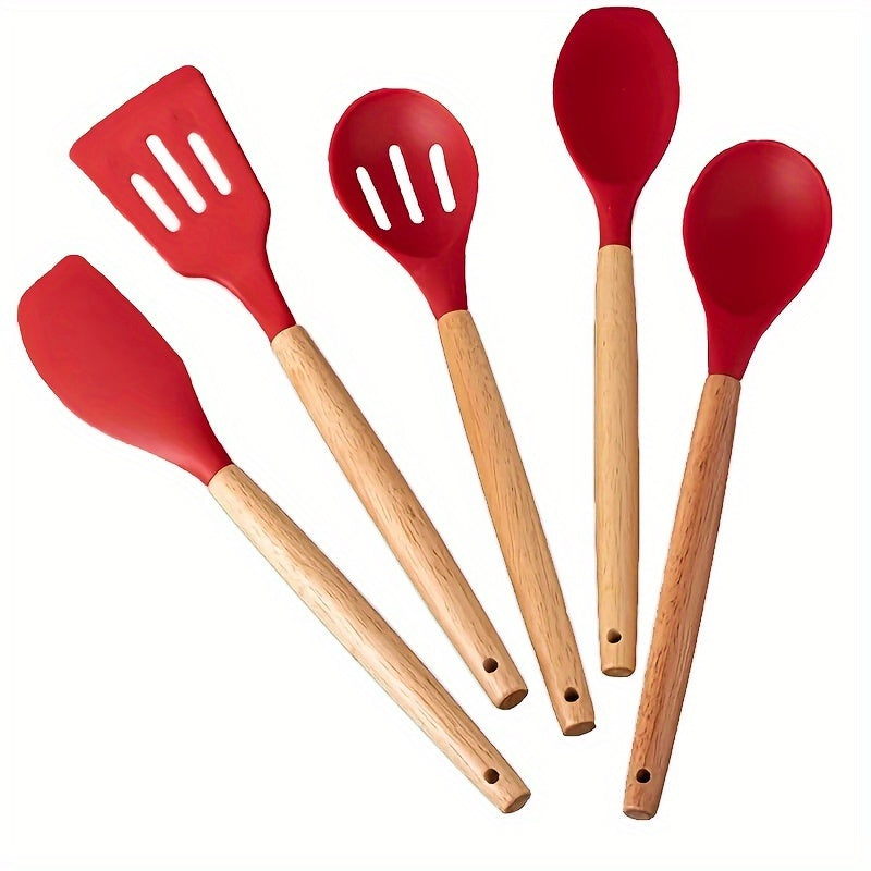 Set of 5 Kitchen Utensils with Non-Stick Coating and Wooden Handles - Ideal for Frying, Grilling, and Cooking at High Temperatures up to 400°F