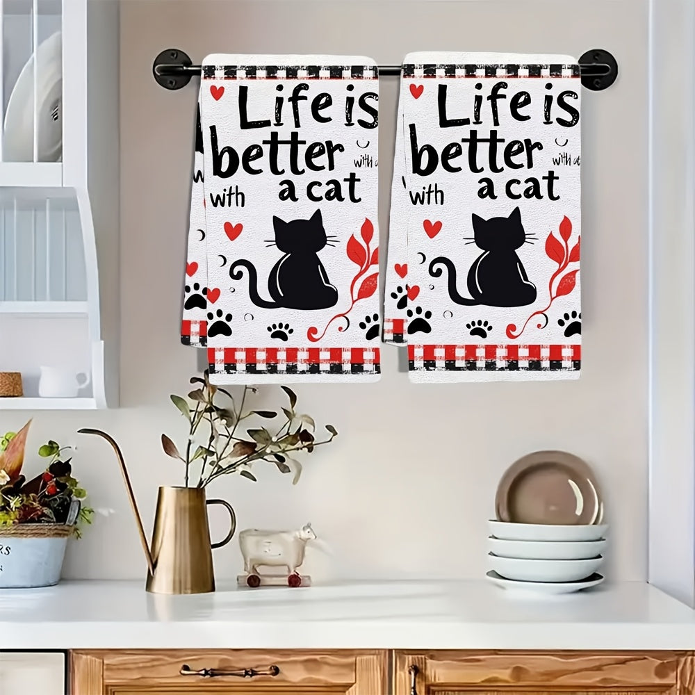 Get 2pcs of Ultra Soft Kitchen Towels featuring "Life is Better with a Cat" Text & Adorable Kitten Illustration - These Highly Absorbent Dish Hand Towels are Machine Washable and designed in a Contemporary Style, measuring 40.64x60.96 cm. Perfect for Cat