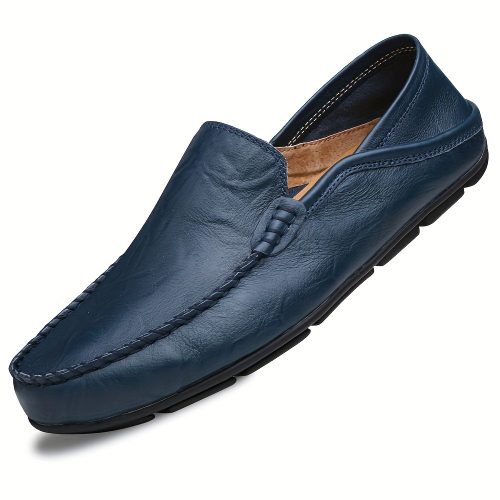 Men's plus size slip-on loafers with solid color faux leather, rubber sole, and round toe for year-round wear.