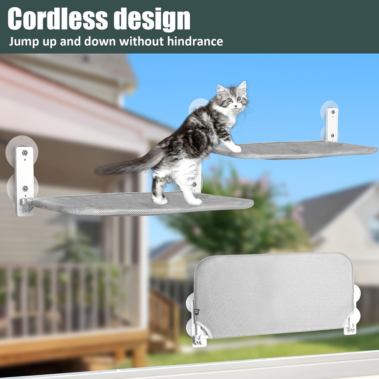 Foldable cat window perch hammock with steel frame and suction cups - reversible and easy-to-assemble indoor cat bed for sunbathing and birdwatching in grey.