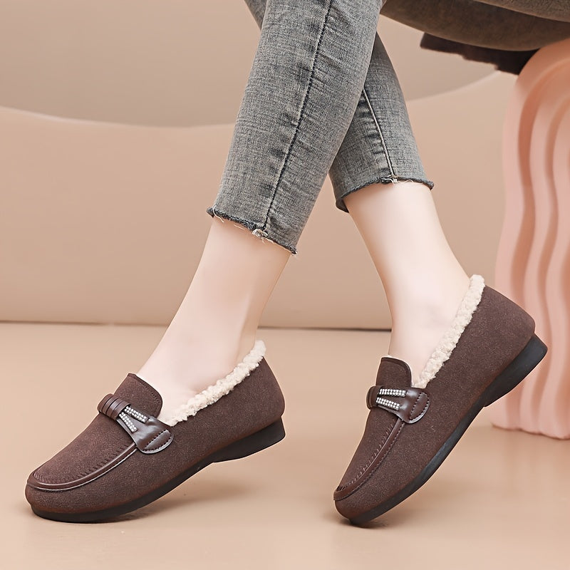 Women's Plush-Lined Loafers with Non-Slip Sole- Black, Warm and Cozy for Winter