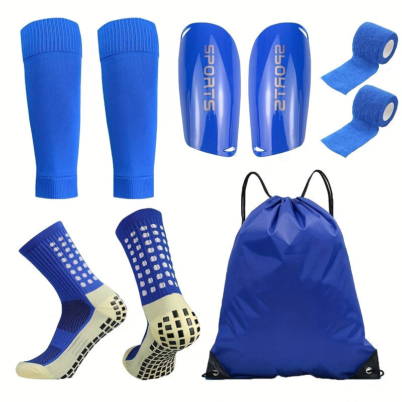 5-piece soccer sports gear set includes silicone grip football socks, shin guards, protective gear, drawstring backpack, and sports tapes. The set features polyester and elastane knitted