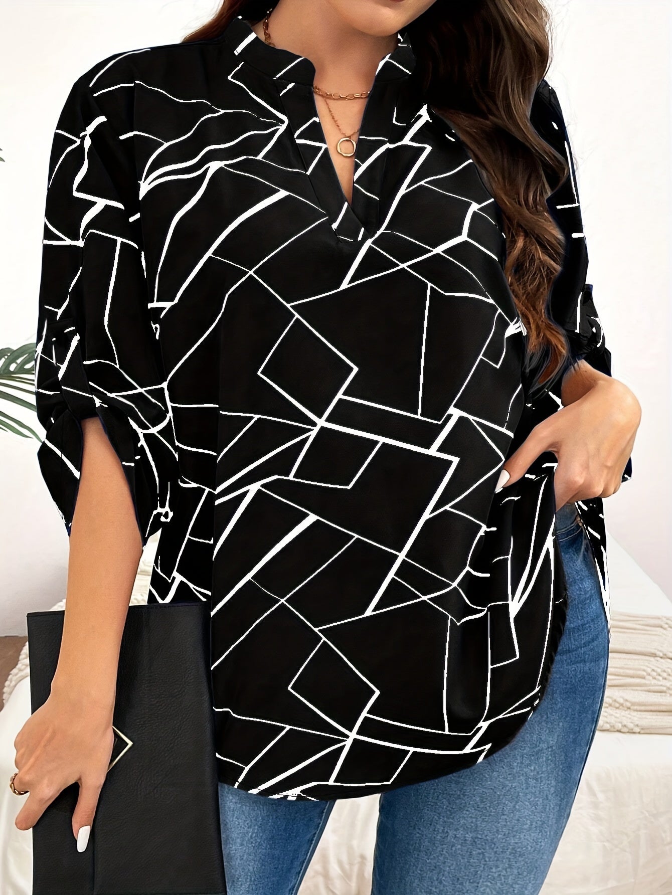 Geometric print blouse with V neck and roll tab sleeves for spring, plus size women's clothing