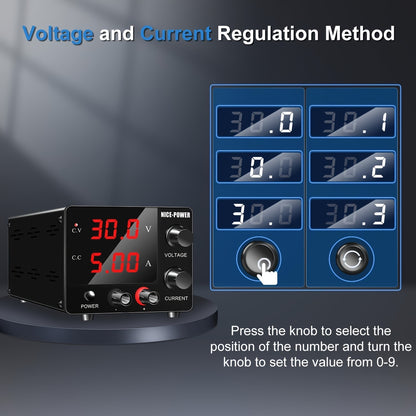 NICE POWER SPS-E305 Lab DC Power Supply: 30V, 5A, Adjustable Voltage and Current, LED Display, Weatherproof, Cold Resistant, European Standard Plug, No Assembly Required, Digital Display