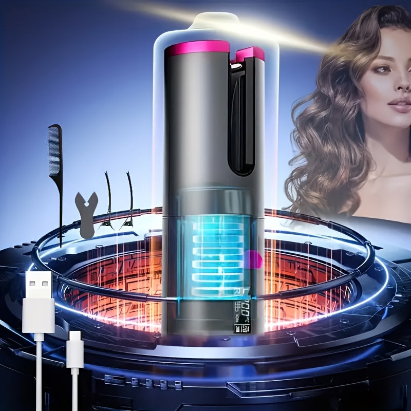 1pc Automatic Curler with Fast Charging USB, Ceramic, 5 Heat Settings, Tangle-free, Ideal for Styling and Special Occasions, Comes in Elegant Gift Box.