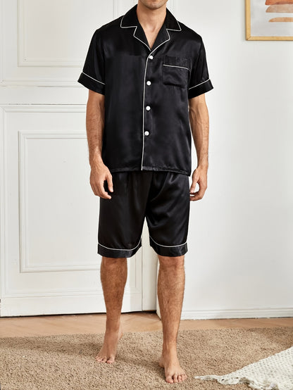 Men's casual solid color pajama set featuring a short sleeve button-up top and shorts. Made of a breathable polyester blend, machine washable. Perfect for spring/summer, leisure style.