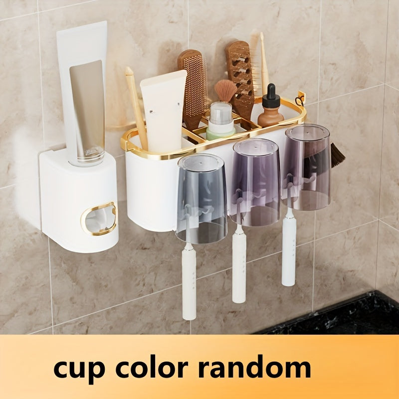 RV wall-mounted bathroom organizer set includes automatic toothpaste dispenser, toothbrush holder, multi-color cups - complete kit.