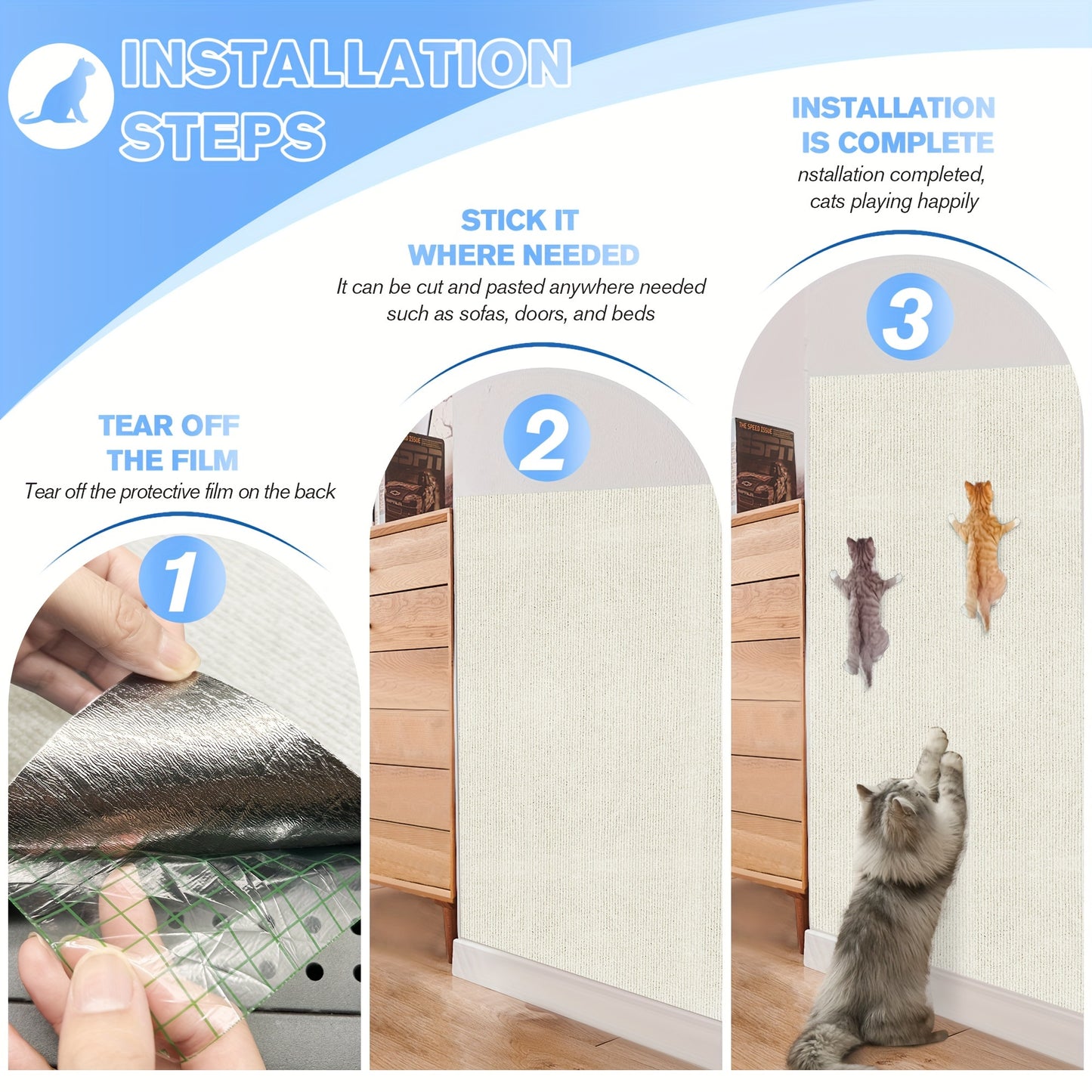 Durable cat scratching mat made of long-lasting polyester, easy to install and customizable for furniture protection and claw care.