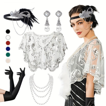 Women's Gatsby Costume Set - 1920s Flapper Accessory Kit Featuring Headband, Sequined Shawl, Beaded Earrings, Faux Pearl Necklace, Evening Satin Gloves. Perfect for Roaring 20's Parties, Weddings, and Retro Fashion Events.