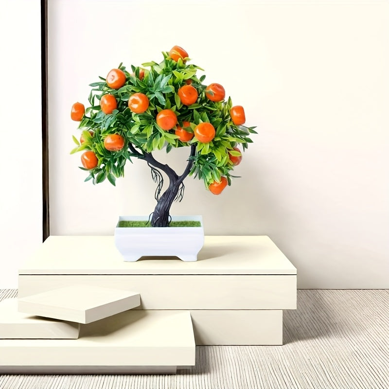 Artificial Orange Tree Bonsai with realistic green foliage, ideal for home and office decor. Comes with white pot and moss base, great for gifting on various occasions.