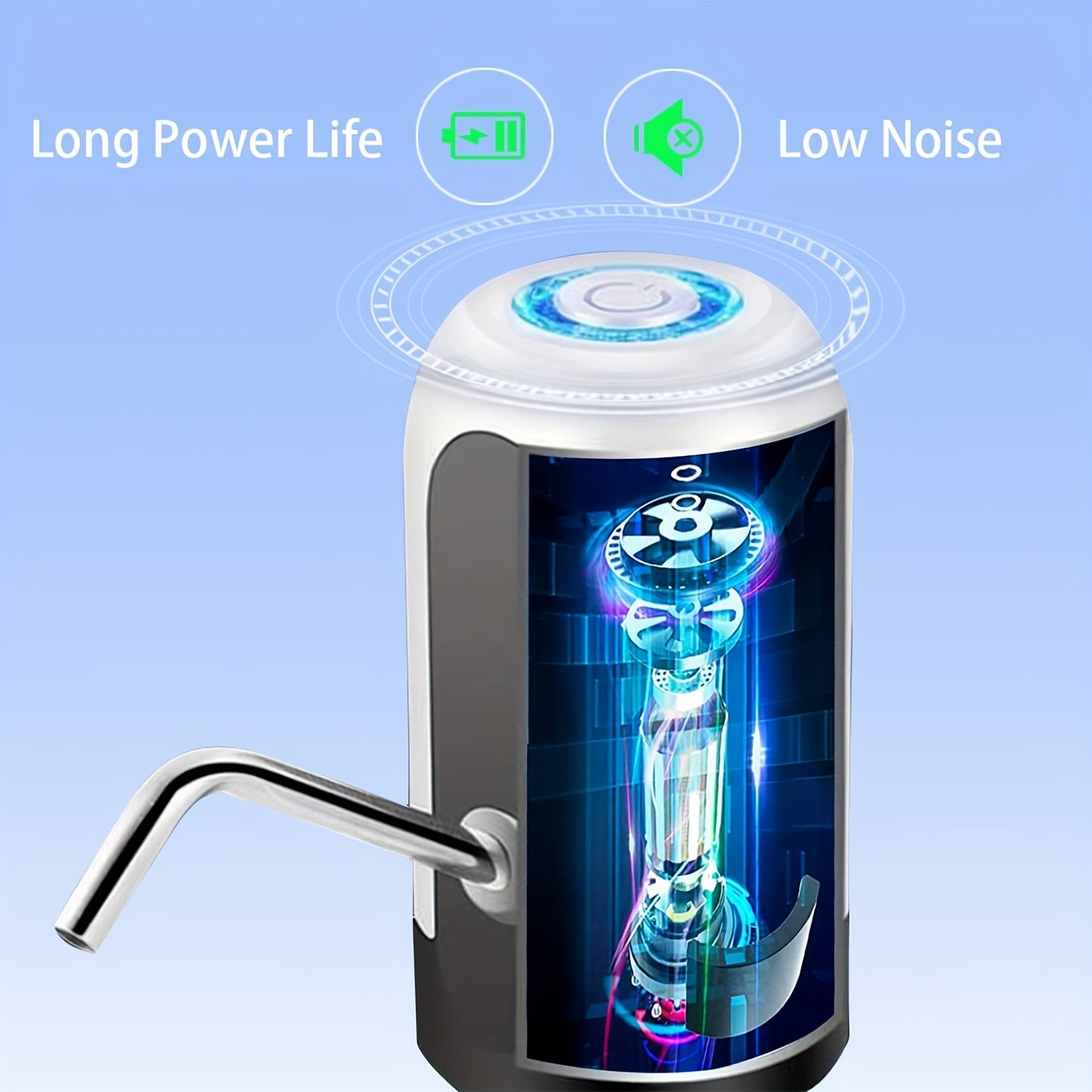 Sanhao USB rechargeable water pump for 11.36-18.93L bottles with LED indicator, ideal for camping and home use.