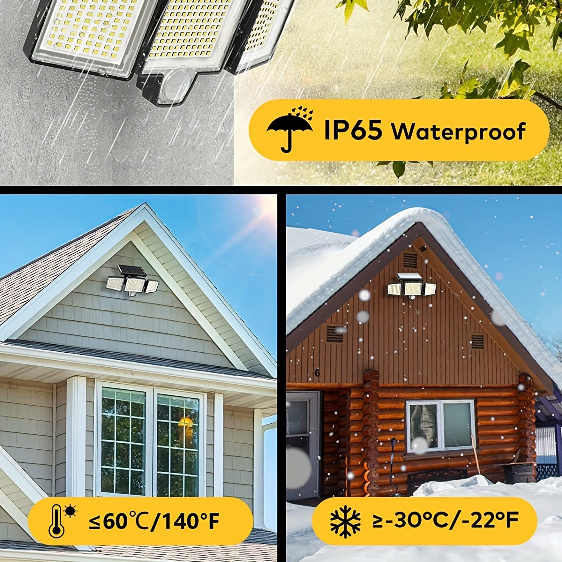 Triple head solar street light with 210 LEDs and 3 lighting modes, great for outdoor areas.