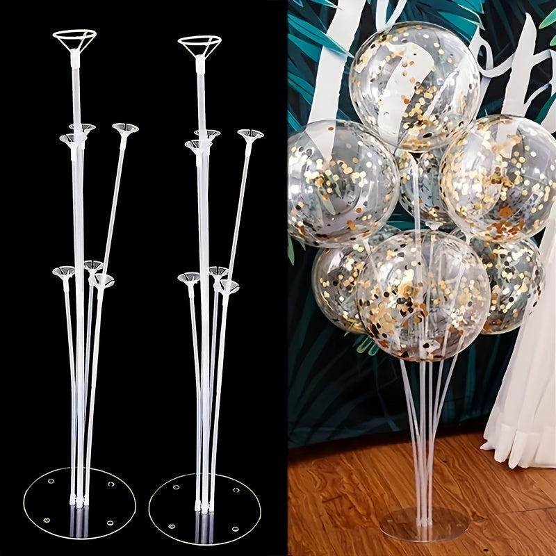 Balloon garland stand kit with 7-head clear balloon column holders, reusable and no electricity needed. Includes base for party decorations, birthdays, weddings, home decor, and event centerpieces. Suitable for ages 14+.