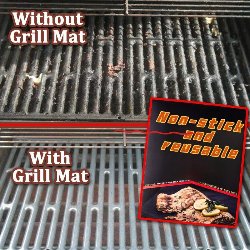 Set of two fiberglass grill mats that are non-stick, reusable, and easy to clean. Suitable for use with gas, charcoal, and electric grills. Includes one mat measuring 40.01x33.02cm and one mat measuring 40.01x59.94cm. Color: Black.