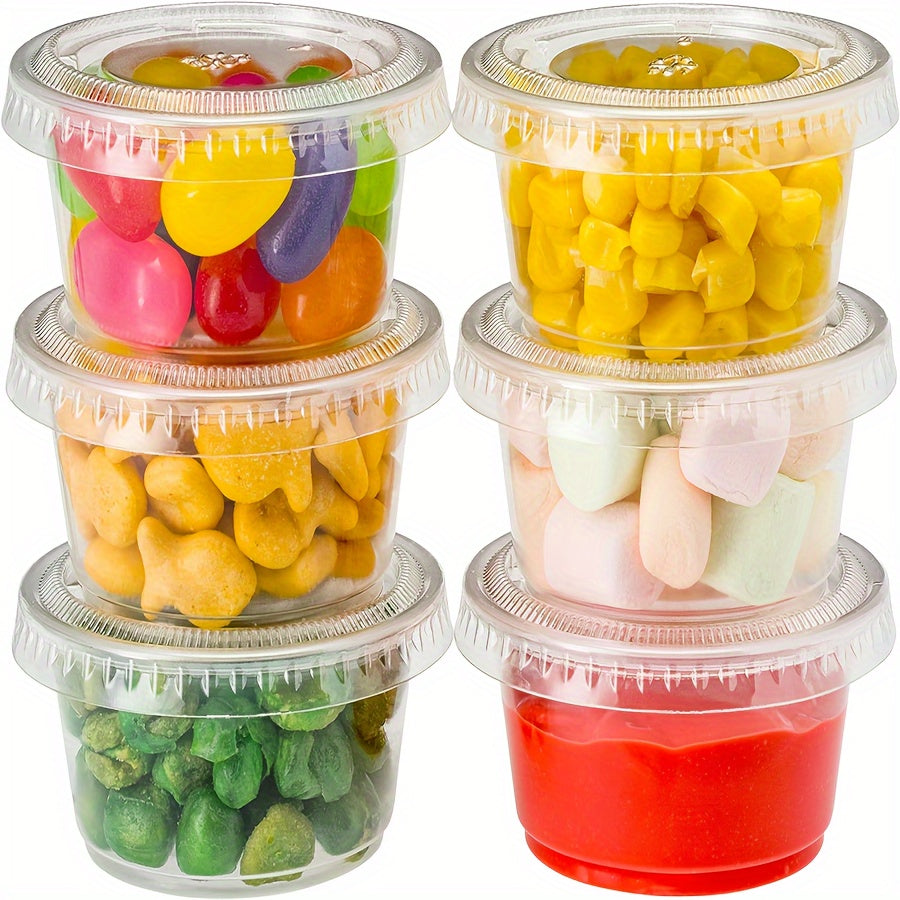 Convenient 50 Pack of 2 oz Plastic Containers with Lids - Versatile, Freeze-Friendly, and Reusable Round Cups - Easy Flip Top Closure for Jelly, Sauce, and Seasonings - Perfect for Kitchen and Food Service Use, No Power Required