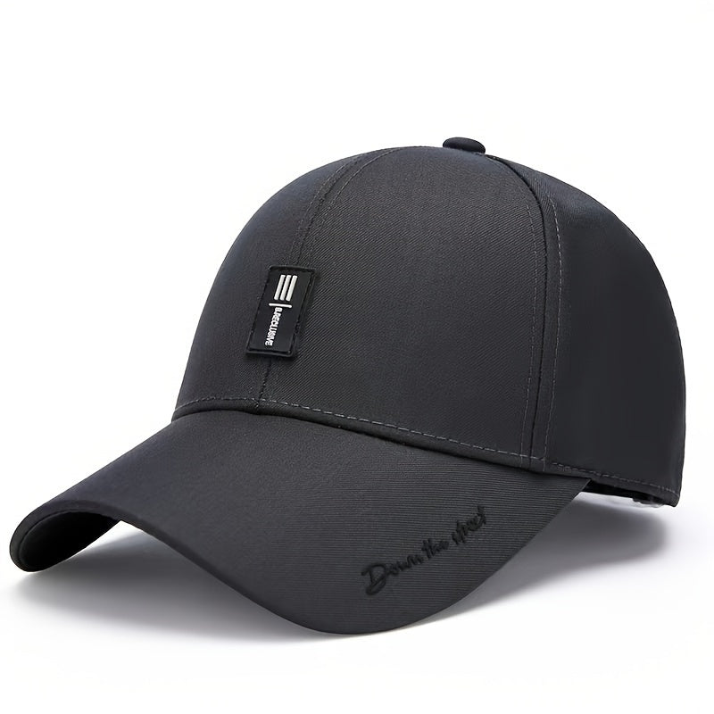 Casual baseball cap with embroidered lettering, made from lightweight, non-stretch fabric. Hand washable and suitable for all seasons.