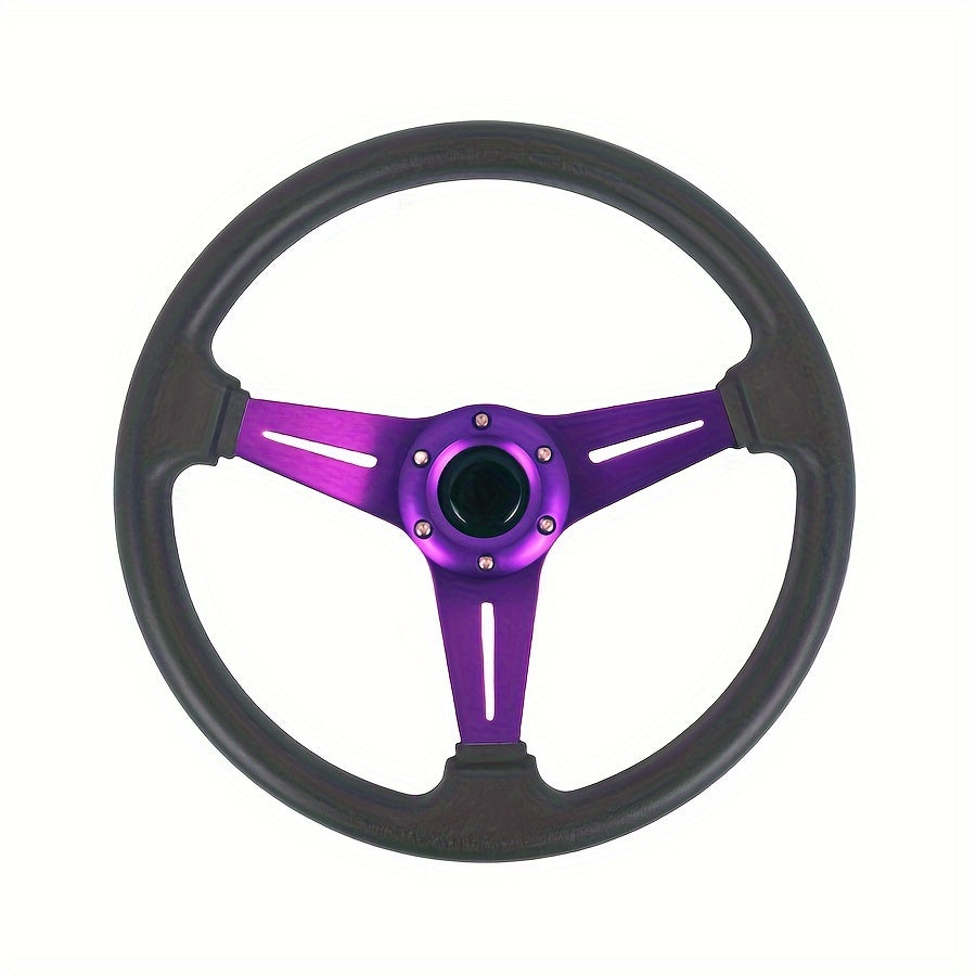 Purple 14-inch steering wheel with aluminum frame for cars, golf carts, and sightseeing vehicles. Stylish, durable, comfortable grip.