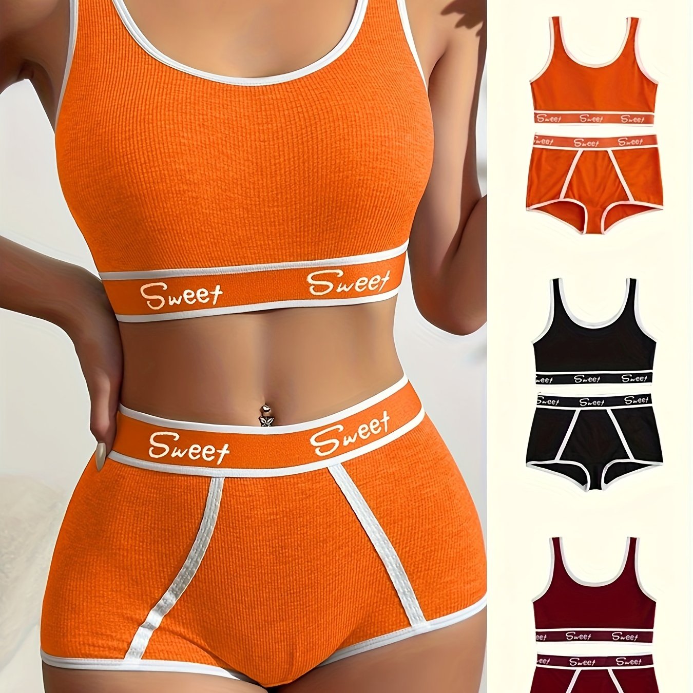 Sporty letter contrast trim bra and shorts set, scoop neck soft bra and high waist boxer shorts lingerie set for women.