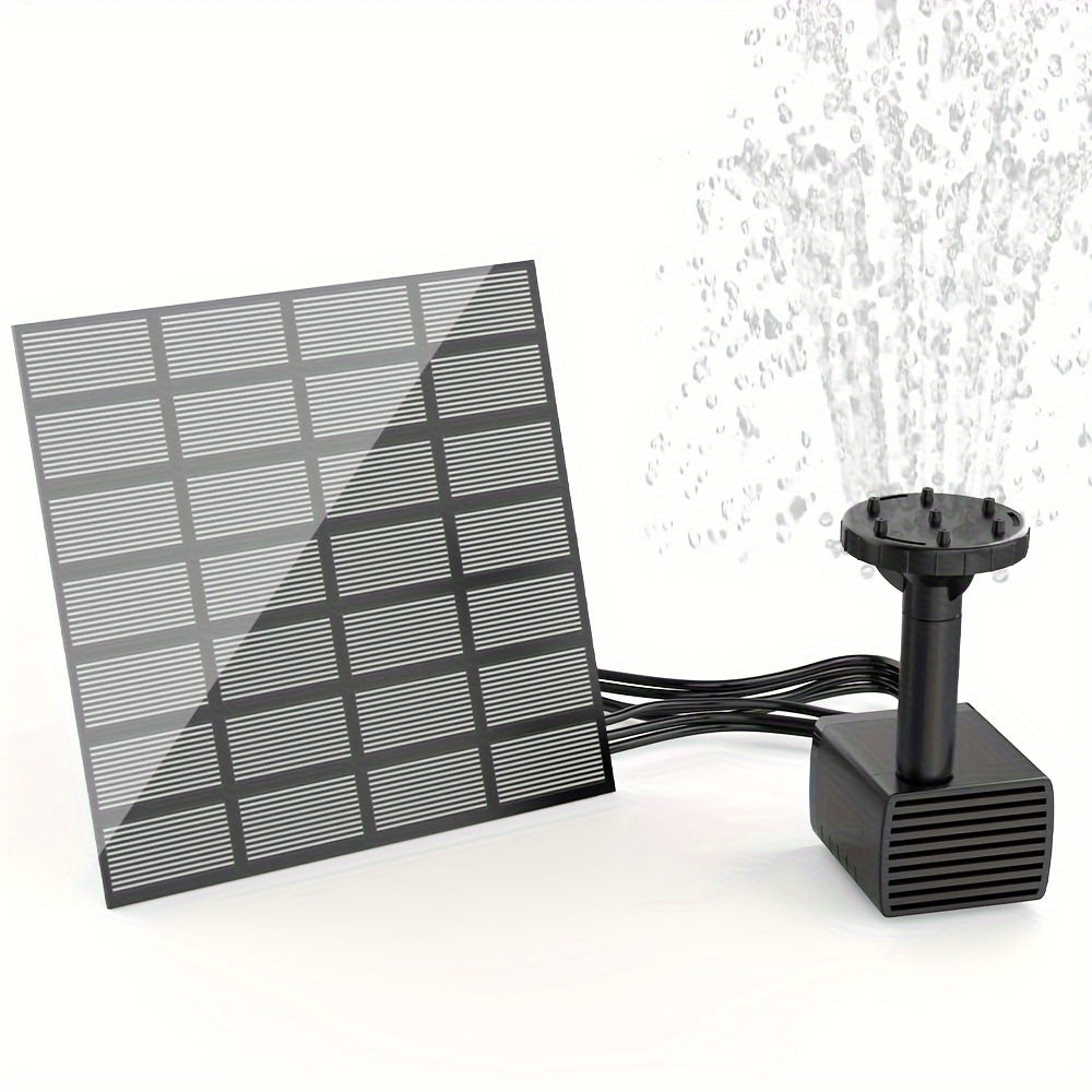 Solar fountain pump with 1.4W power for outdoor use, made of plastic material. Charges with solar power, no battery needed. Sleek grid design ideal for bird baths, pools, gardens, and other