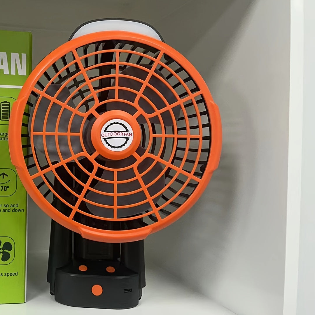 Compact and quiet portable camping fan with auto-oscillation, USB rechargeable and built-in battery for use at home, office, or outdoors.