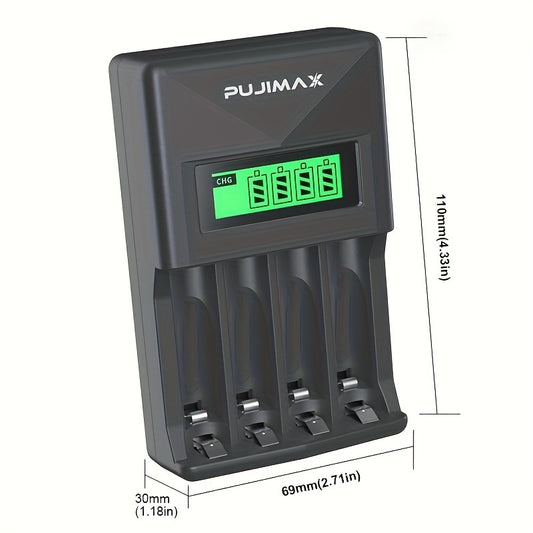 PUJIMAX USB Aqlli Batareya Zaryadlovchisi, AA/AAA Ni-MH/Ni-CD batareyalarini tez zaryad qilish uchun 4 mustaqil slot va LED ko'rsatkich bilan. Mustahkam dizayn, batareyalar kiritilmagan.