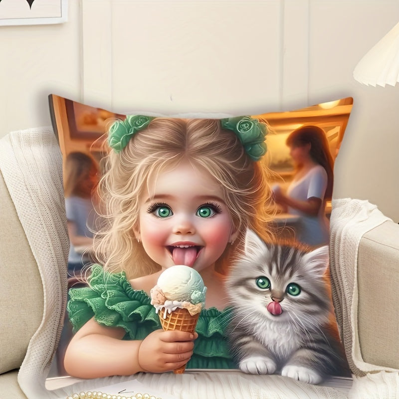 French Style Girl & Kitten Print short plush pillowcase, 44.96cm x 44.96cm, polyester knit, zippered, machine washable. Ideal for home decor.