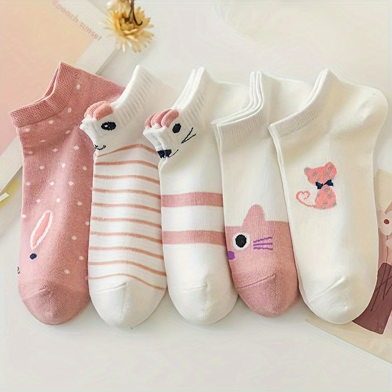 5 pairs of cute cartoon cat print ankle socks for women, soft and comfy