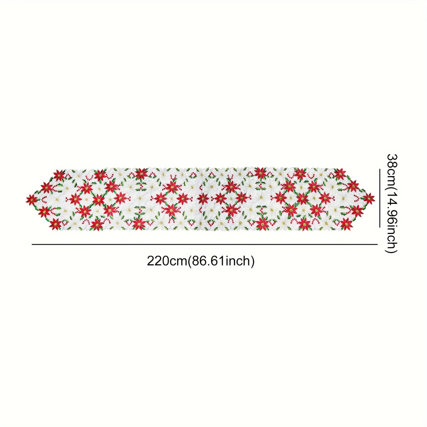 New Christmas printed tablecloths and embroidered table runners in various sizes for table decoration supplies at parties or picnics. Available in 28x43cm, 38x176cm, and 38x220cm.