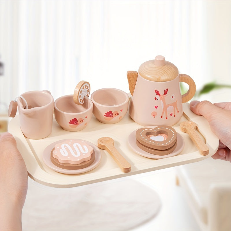 Wooden tea set for little girls, children's tea parties and toy kitchen role-playing.