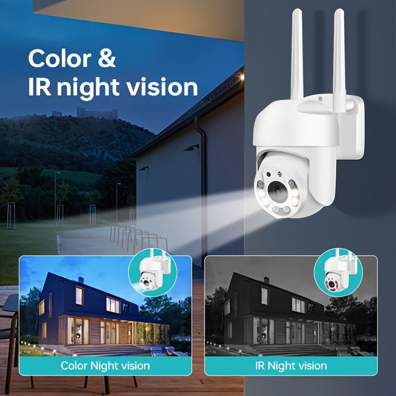 Outdoor WiFi security camera with waterproof design, featuring pan tilt automatic tracking and audio CCTV monitoring. This 360 IP camera provides day and night full-color AI humanoid motion detection, along with two-way voice intercom. Stay secure with