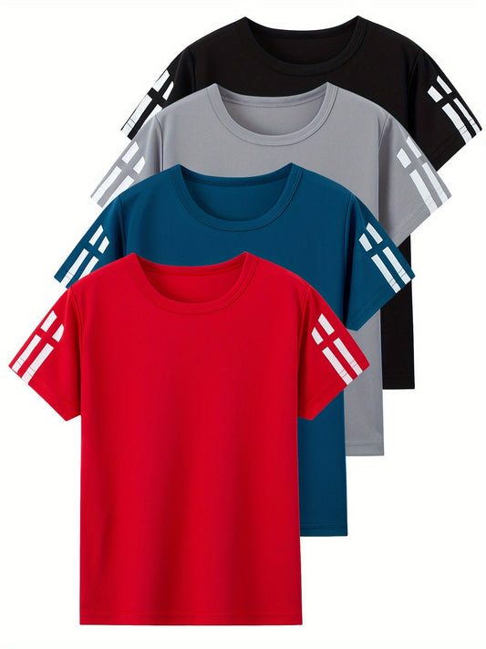 4-piece Boys Summer Sports Tee, Mesh Quick Dry Athletic Short Sleeve T-Shirt