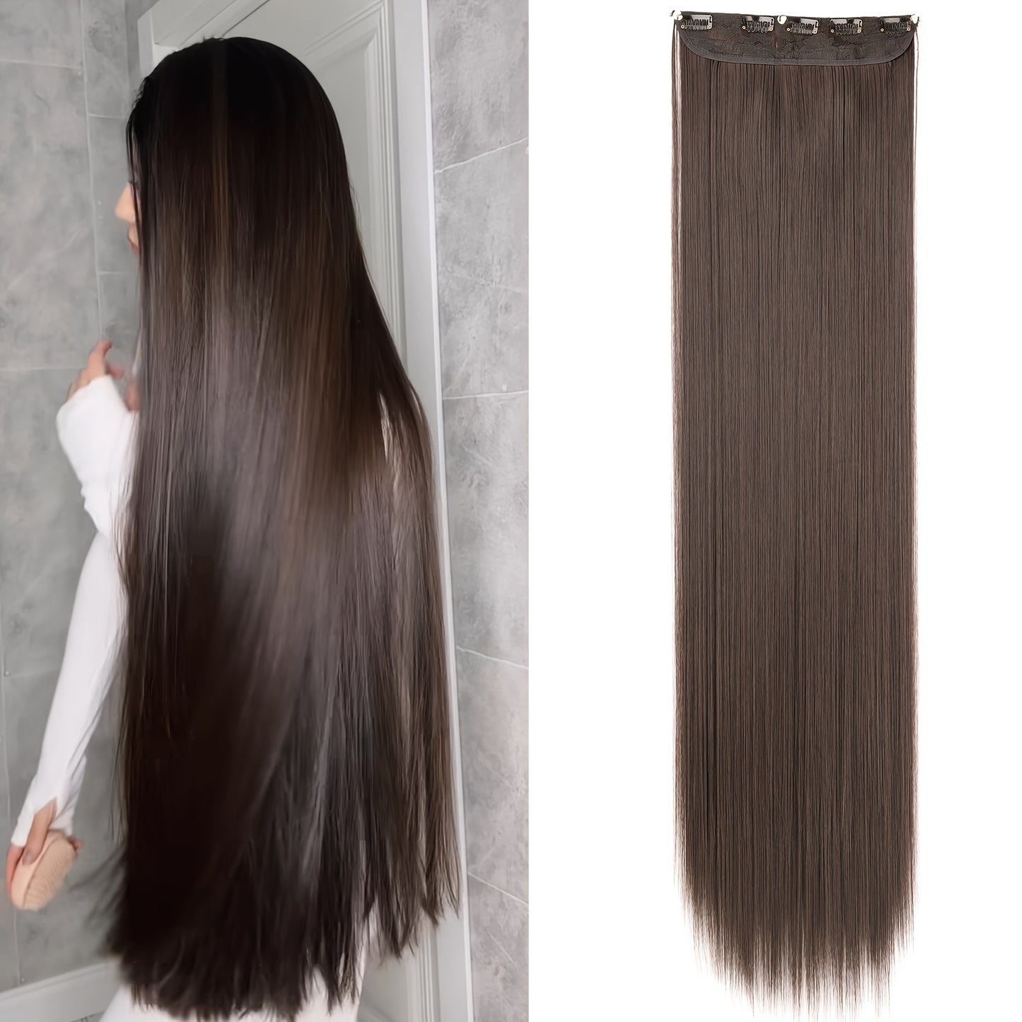 Elegant natural looking synthetic clip-in hair extensions for daily use, 32 inch long straight pieces with 5 clips.