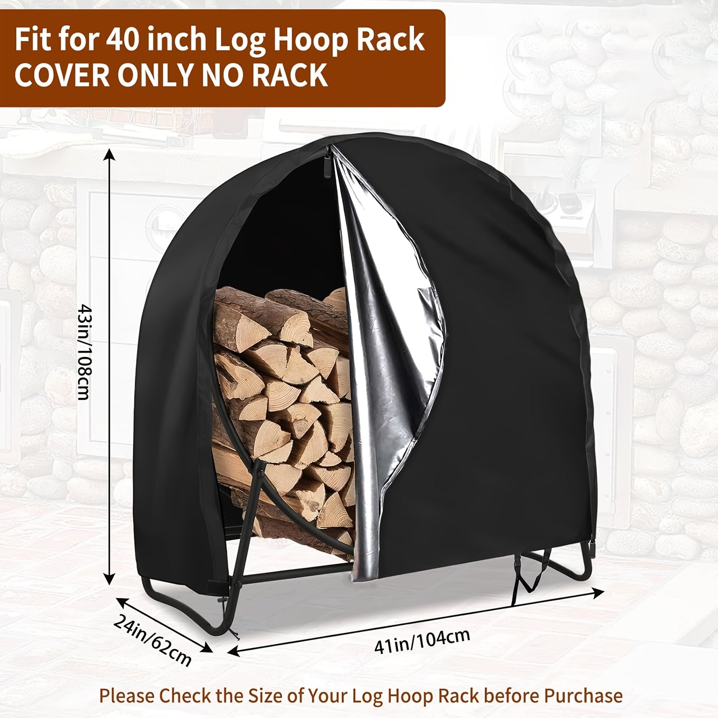 Waterproof Outdoor Log Rack Cover, Round Firewood Protector with Zipper and Wind Buckle, UV-Resistant Wooden Log Stand Storage Tarp, All-Season Weatherproof Firewood Cover for Dry Wood Storage